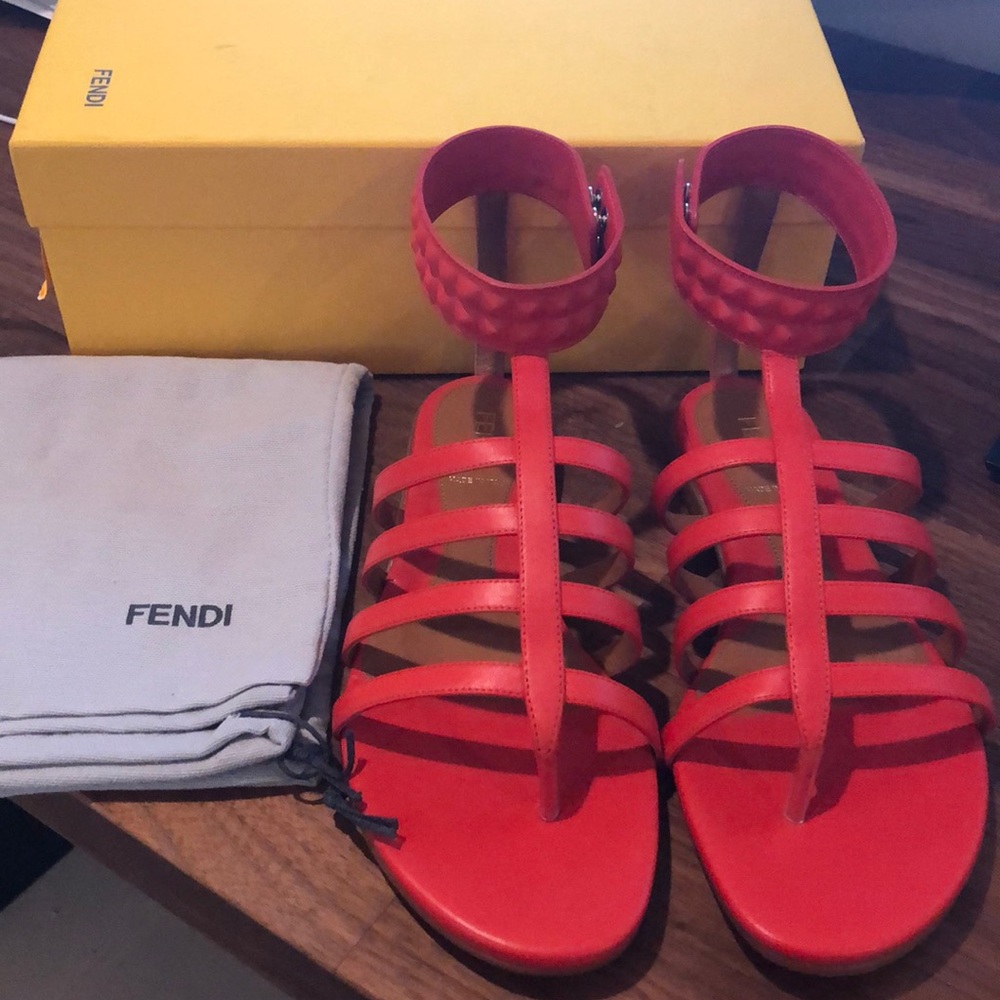 Fendi studded leather cage sandal red/orangish. 8